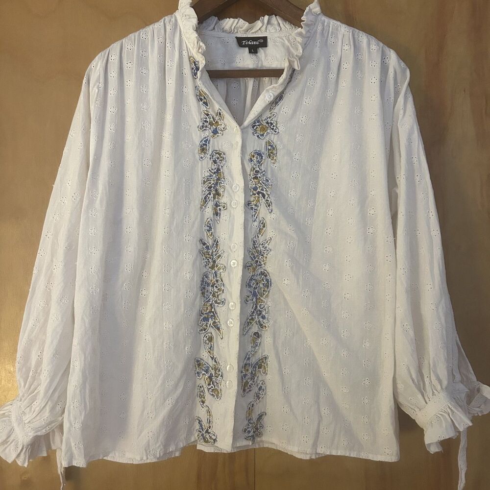 Tolani Cotton Eyelet Button Down-Sz L-Applique Embroidery-Cottagecore-Ruffle